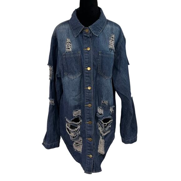Oversized Distressed Denim Jacket Grunge Y2K Festival Longline Shacket XL - Picture 2 of 14